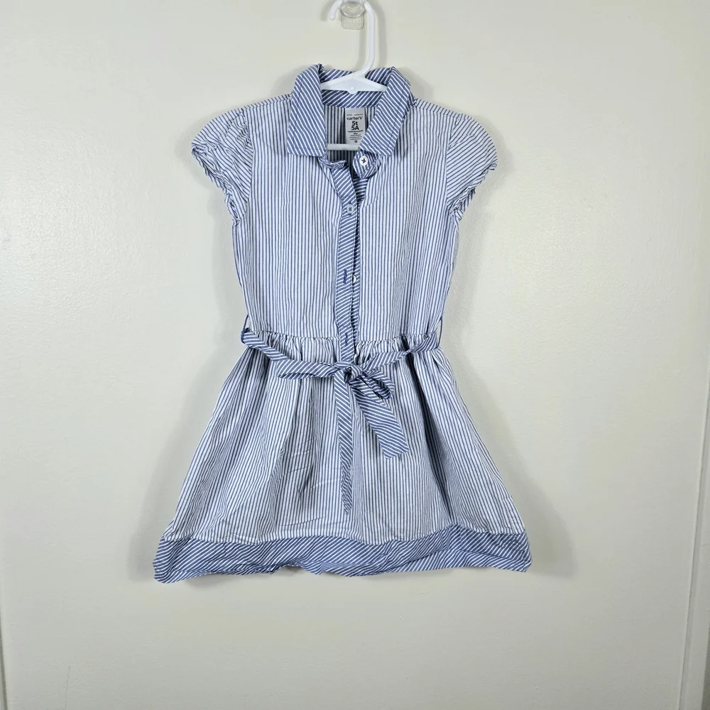 Carter's Girls Blue White Striped Cap Sleeve Belted Preppy Button Shirt Dress 5T